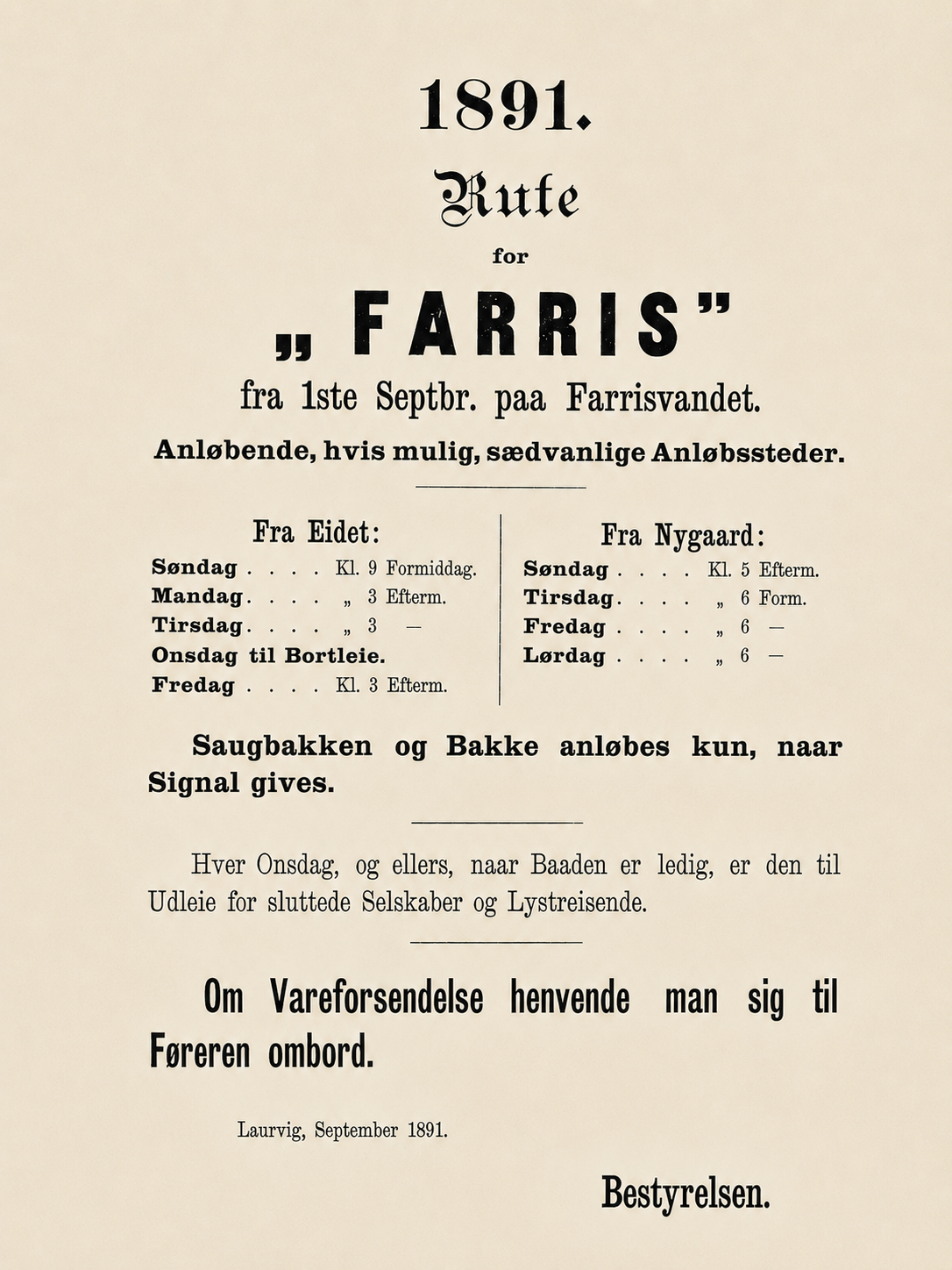 Rutetabell for Farrisbåten fra 1891 med avganger fra Nygaard